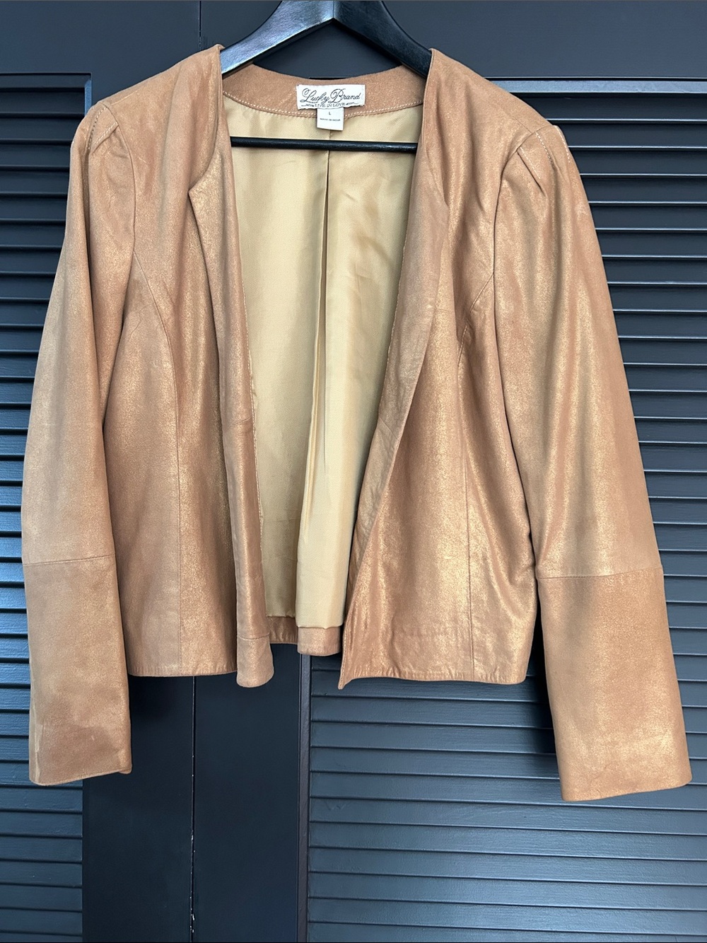 Lucky Brand Metallic Tan Goat Leather Open-Front Jacket, Perfect for Fall, Large